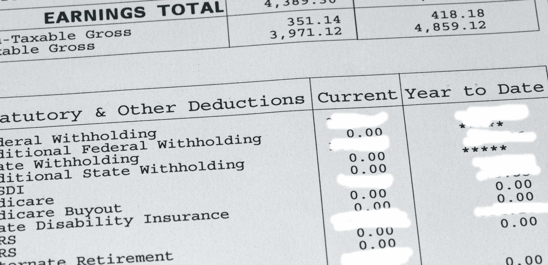 Fake pay stub with redactions in White