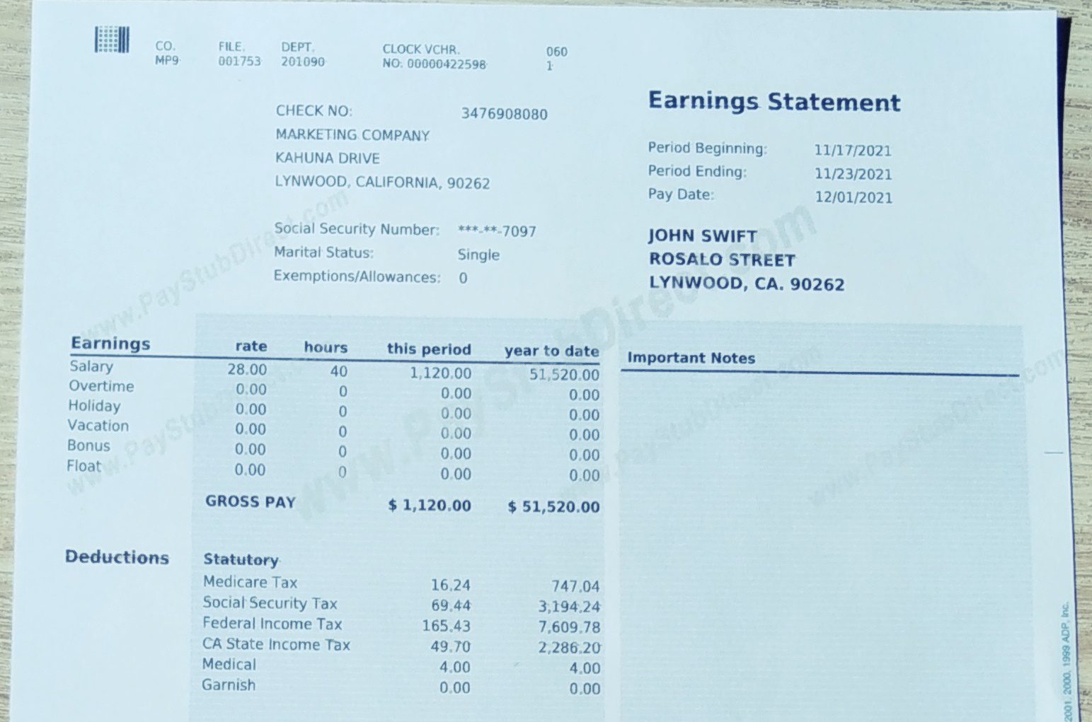 Pay stub with self employed information